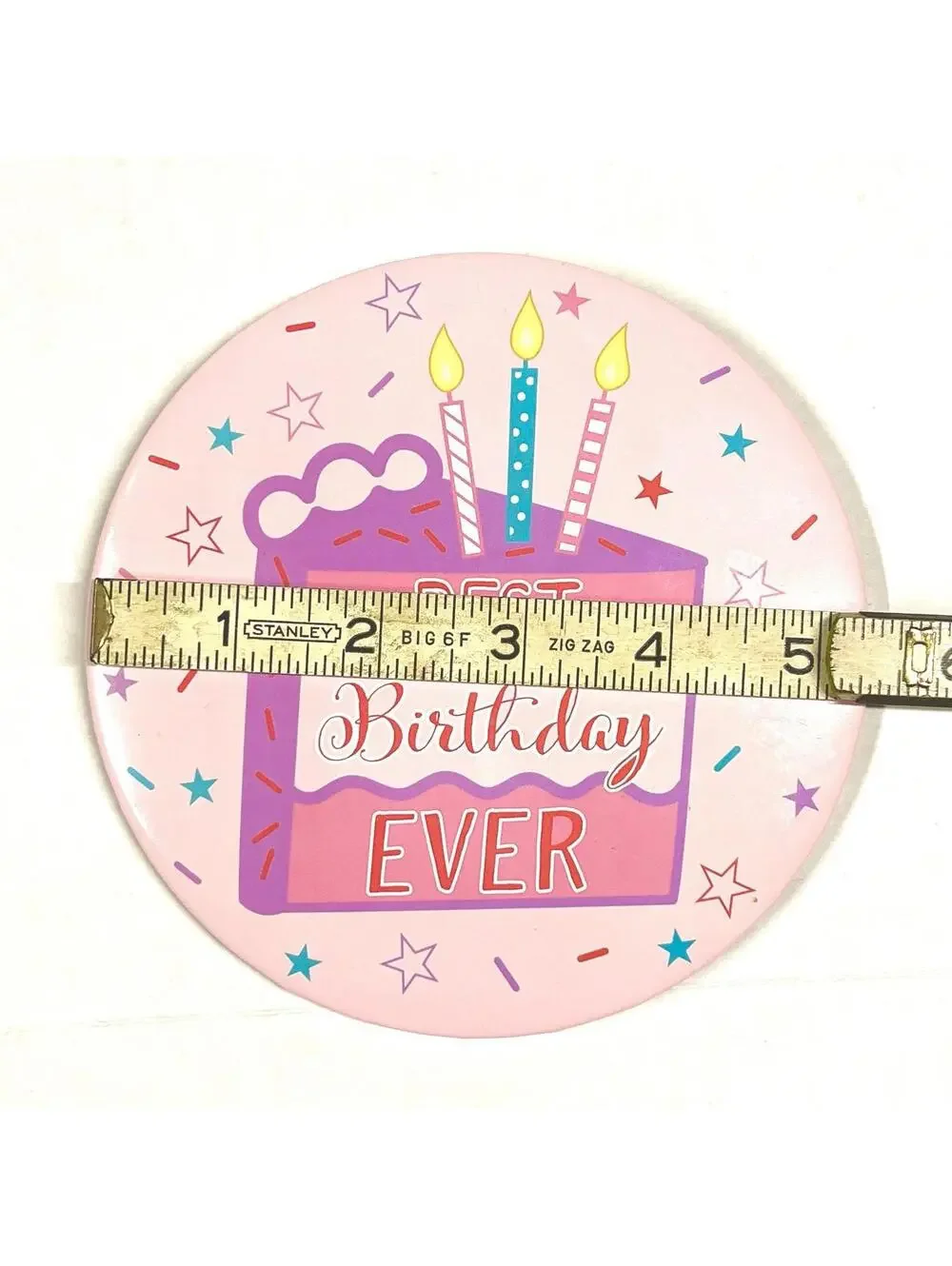 BEST BIRTHDAY EVER Large Button 5.5” Pink Cake Graphic With Candles
